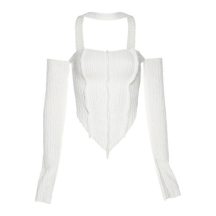 Long sleeve off shoulder patchwork top - Halibuy