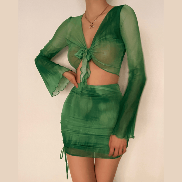 Flared sleeve mesh see through skirt set - Halibuy