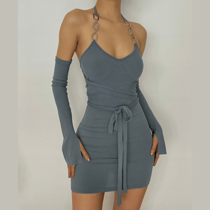 Self tie ribbed metal chain off shoulder long sleeve dress - Halibuy