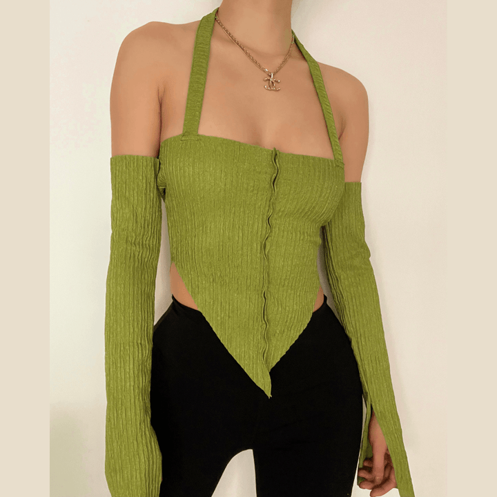Long sleeve off shoulder patchwork top - Halibuy