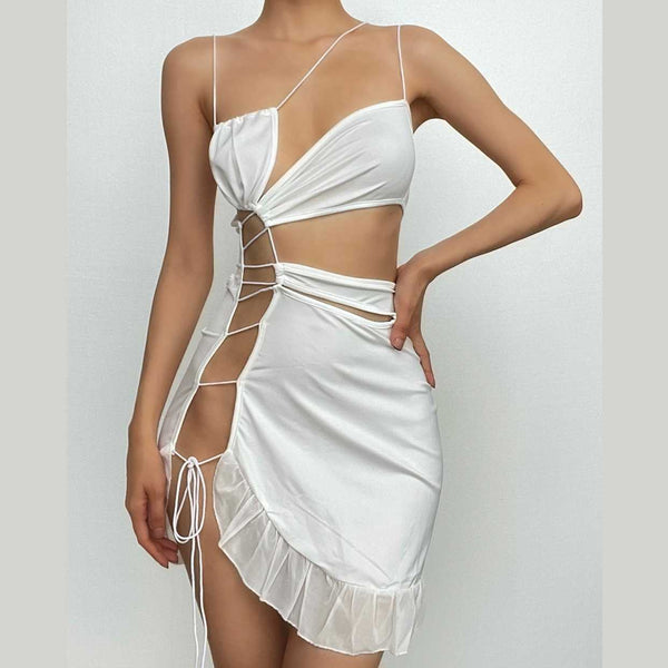 Irregular hollow out ruffle backless one shoulder spaghetti strap mini dress  | red tango dress