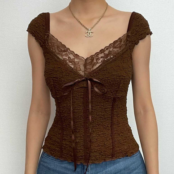 Haut dos nu uni à manches courtes et ourlet en dentelle texturée 