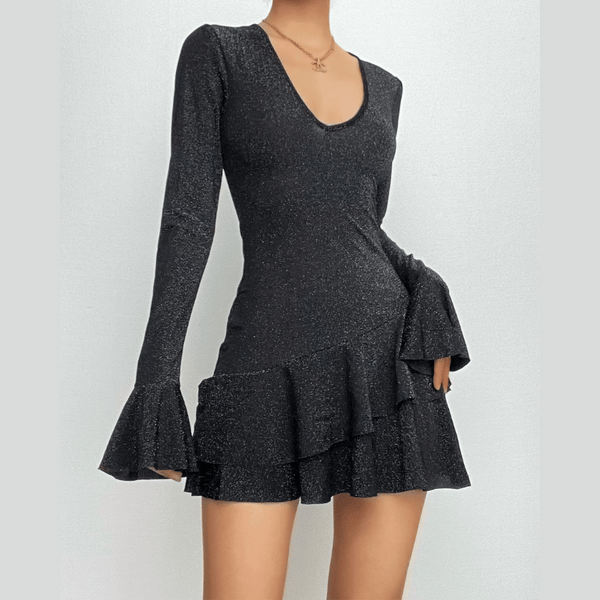 Textured v neck ruffle irregular long flared sleeve mini dress  | red tango dress
