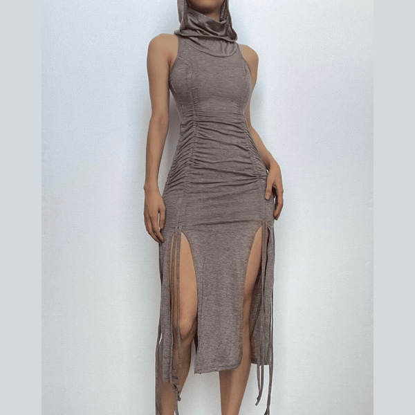 Robe midi à col haut et fente unie sans manches avec capuche et cordon de serrage