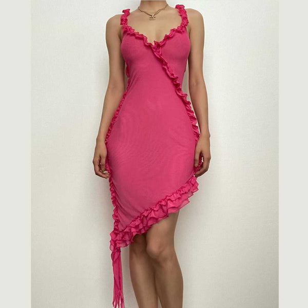 Robe courte transparente en maille transparente à volants et dos croisé irrégulier | robe de tango rouge | robe de samba | robe rave noire | robe rave noire 