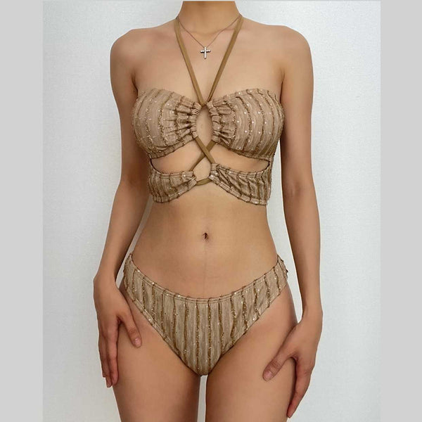 Maillot de bain bikini dos nu à licou texturé croisé sur le devant 