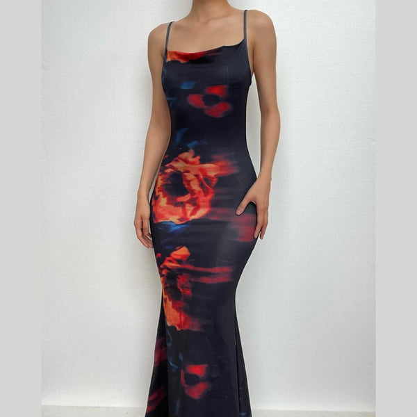 Robe longue à imprimé camisole et col bénitier