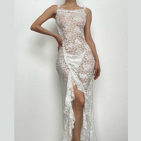 Robe longue fendue dos nu en dentelle transparente à nouer soi-même