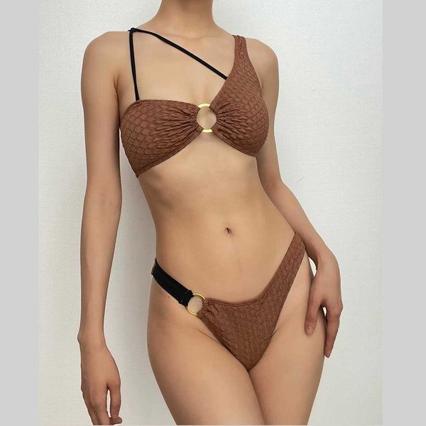 Maillot de bain bikini à anneau irrégulier texturé contrasté 