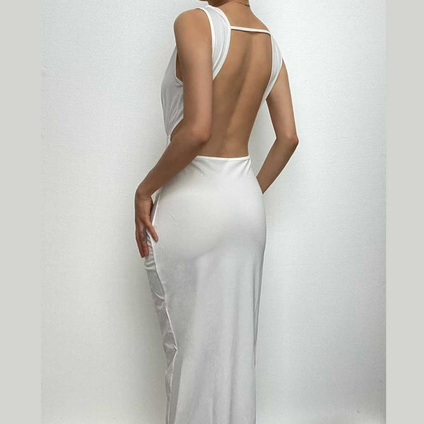 Robe midi sans manches à col en V, fente unie, dos nu et nouée