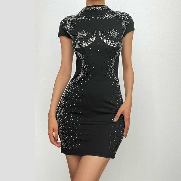 Mini-robe unie à manches courtes et col ras du cou avec perles