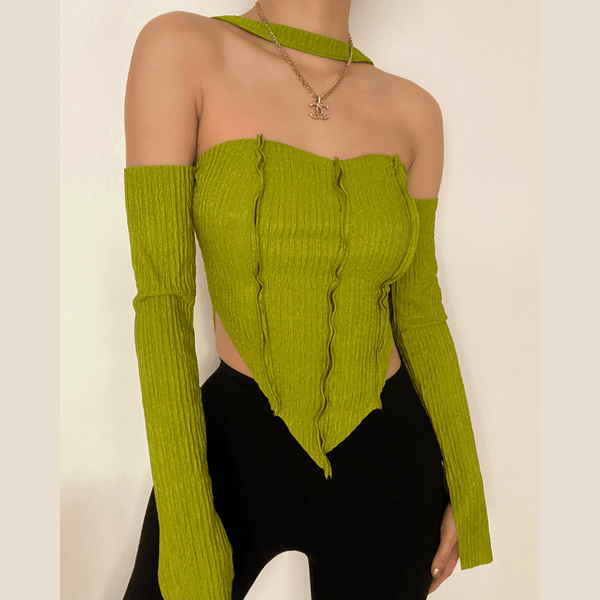 Long sleeve off shoulder patchwork top - Halibuy