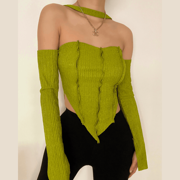 Long sleeve off shoulder patchwork top - Halibuy