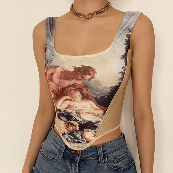 Square neck sleeveless print corset top - Halibuy