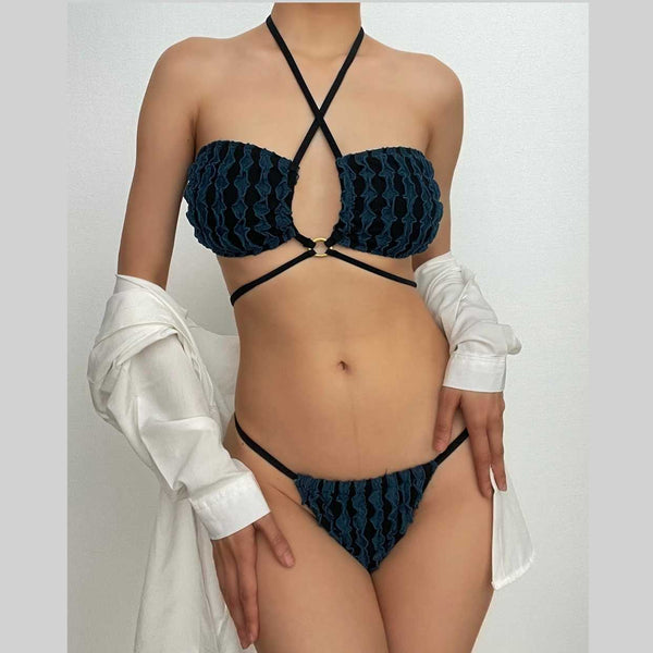Maillot de bain bikini à nouer avec anneau en O texturé contrasté 