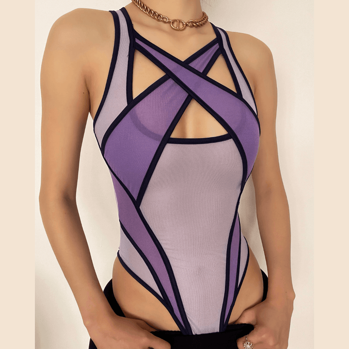 Hollow out patchwork mesh see through bodysuit - Halibuy