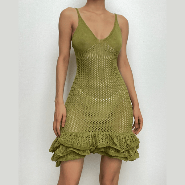 Robe courte à volants ajourés et col en V au crochet | Robe tango rouge