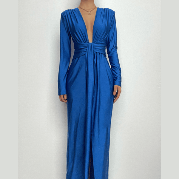 Robe longue irrégulière à manches longues, col en V, fente froncée, couleur unie | robe tango rouge