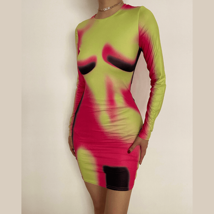 Long sleeve crewneck body print mini dress - Halibuy