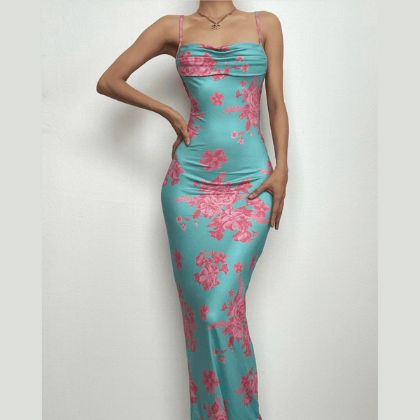 Robe longue à imprimé fleuri, col bénitier et dos nu