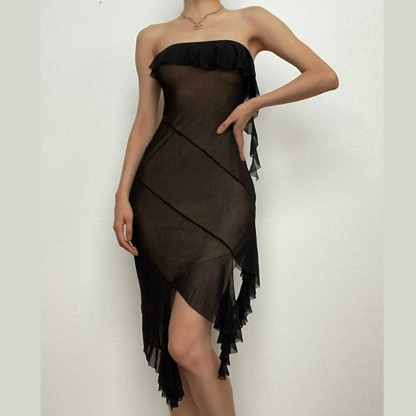 Mini-robe tube à volants en maille unie, dos nu irrégulier