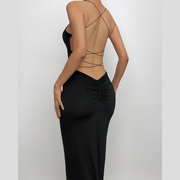 Cross back lace up square neck backless self tie slit maxi dress  | black rave dress  | black rave dress