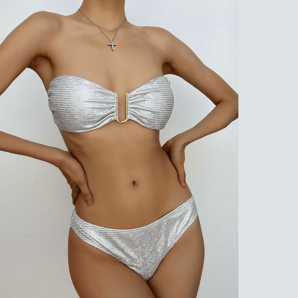 Maillot de bain bikini rembourré métallisé à tube contrasté 