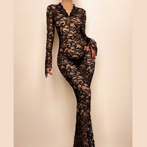 Robe longue unie à manches longues et col en V en dentelle transparente