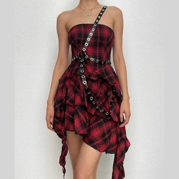 Robe courte asymétrique à volants et fermeture éclair à carreaux | Robe de tango rouge 