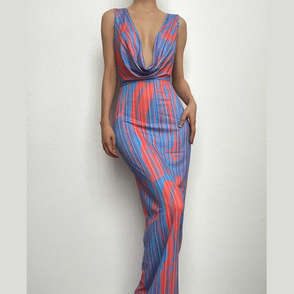 Robe longue dos nu sans manches à col bénitier et imprimé contrasté | robe tango rouge