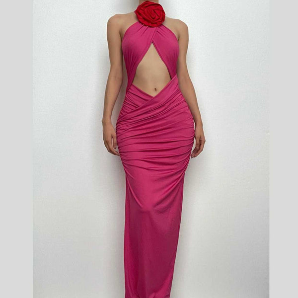 Robe longue froncée à fleurs et appliques croisées sur le devant | Robe de tango rouge | Robe rave noire 