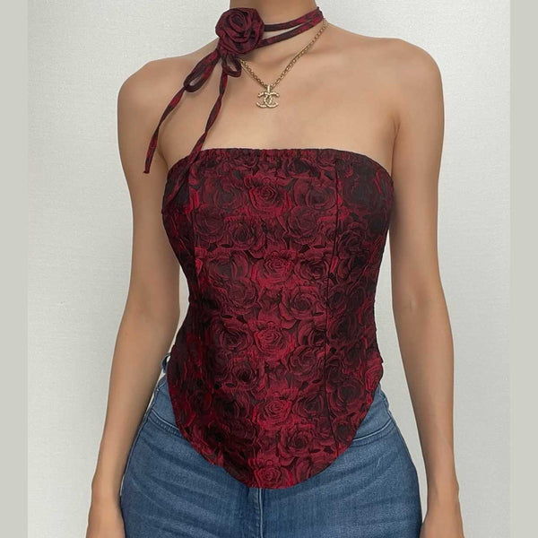 Haut tube contrasté à fermeture éclair et imprimé rose avec appliques florales