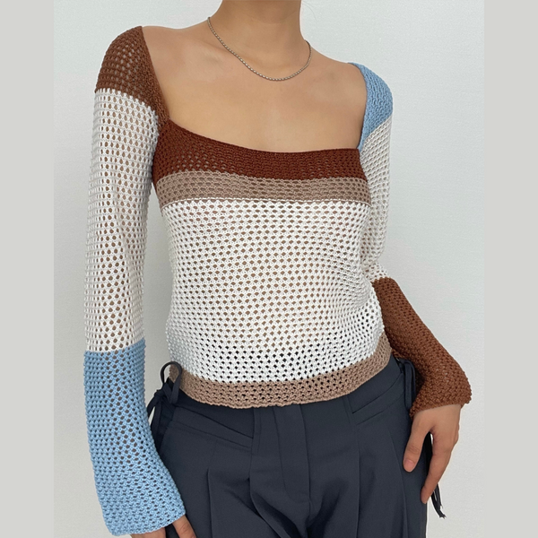 Haut à manches longues et col carré en tricot crocheté contrasté à coupe basse
