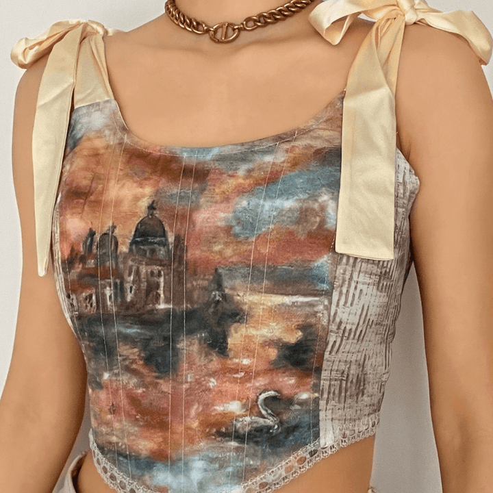 Print lace up back self tie strap bustier crop top - Halibuy