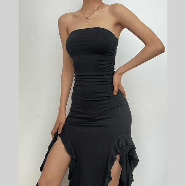 Solid slit irregular ruffle ribbon backless tube midi dress  | red tango dress