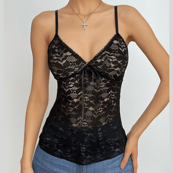 Haut caraco uni en dentelle transparente à col en V 