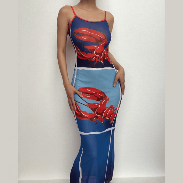 Sheer mesh lobster see through contrast print ruffle cami midi dress  | samba dress