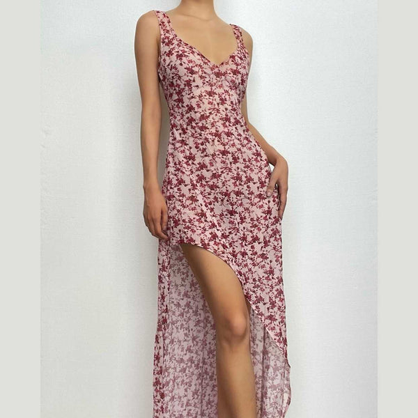 Chiffon flower print contrast backless v neck sleeveless maxi dress  | red tango dress