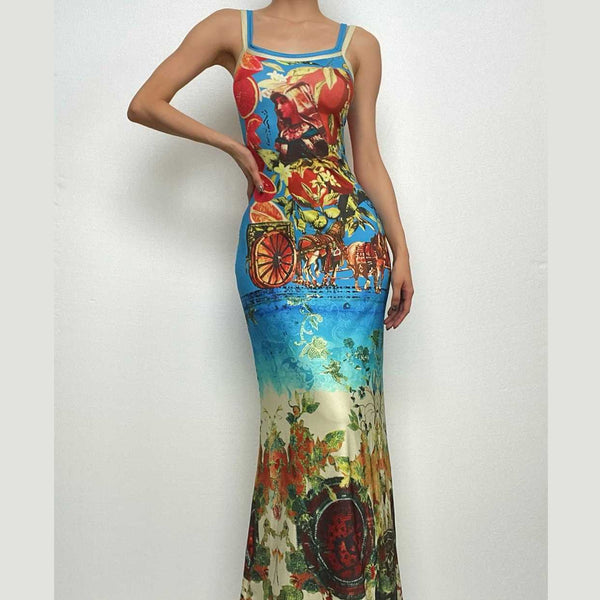 Robe longue sans manches à col en U et dos nu avec contraste abstrait 