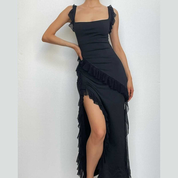 Robe longue unie irrégulière à manches courtes et col carré fendu | robe tango rouge