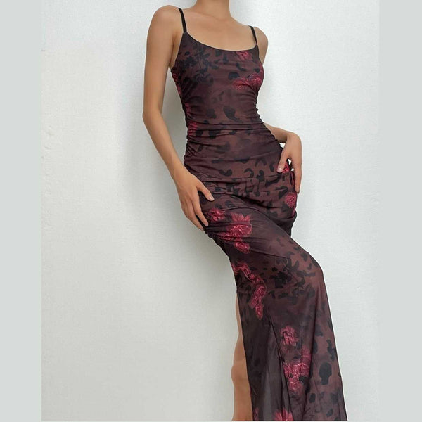 Robe longue à imprimé fleuri, col en U, froncée contrastée, dos nu, fente