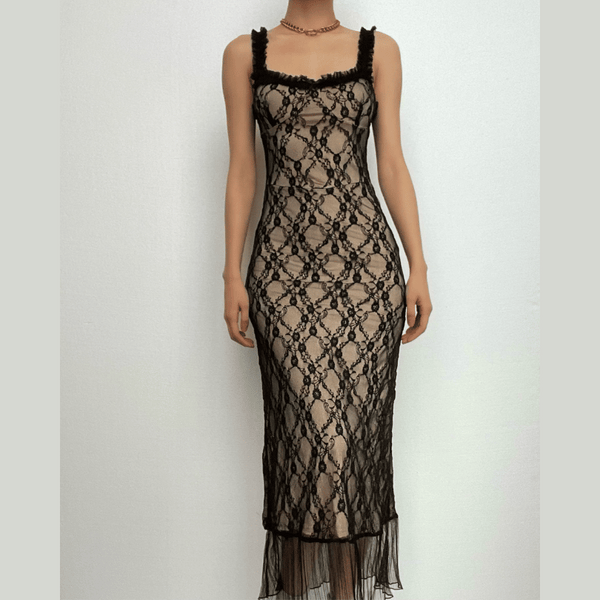 Robe midi dos nu sans manches à ourlet contrasté en dentelle 