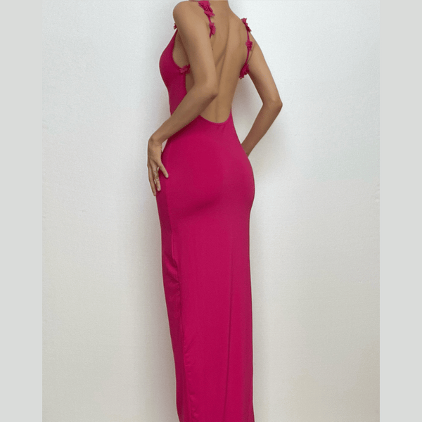 Robe longue unie à col bénitier et dos nu avec appliques florales | Robe de tango rouge