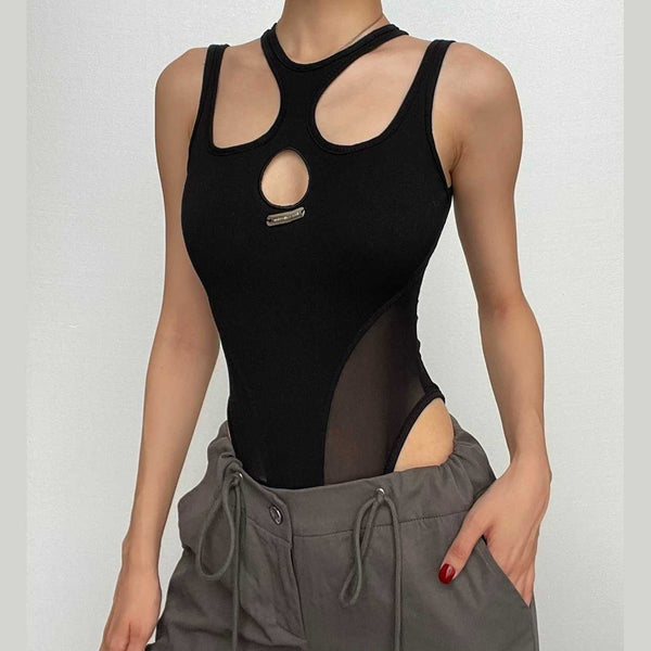 Mesh patchwork metal tag hollow out sleeveless solid bodysuit