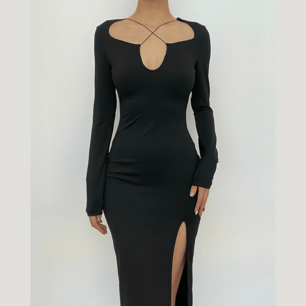 Robe midi unie à manches longues et fente sur le devant | Robe rave noire | Robe rave noire 