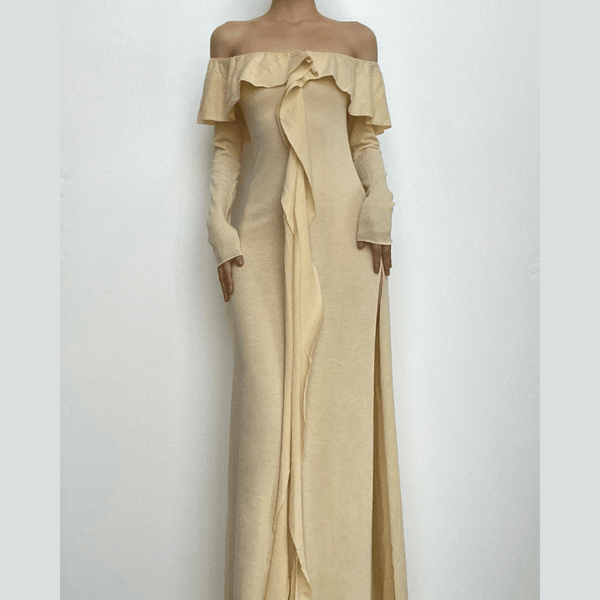 Robe longue unie à volants, épaules dénudées, manches longues et dos nu