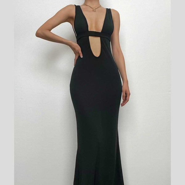 Robe longue sans manches à décolleté plongeant et dos nu uni