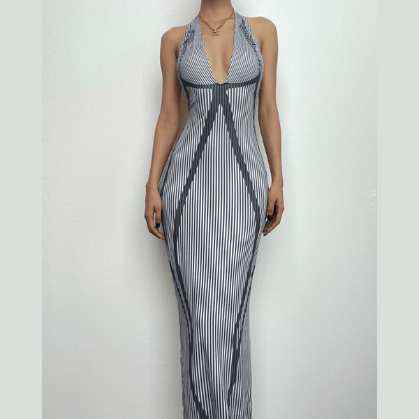 Robe longue sans manches à rayures contrastées et col en V