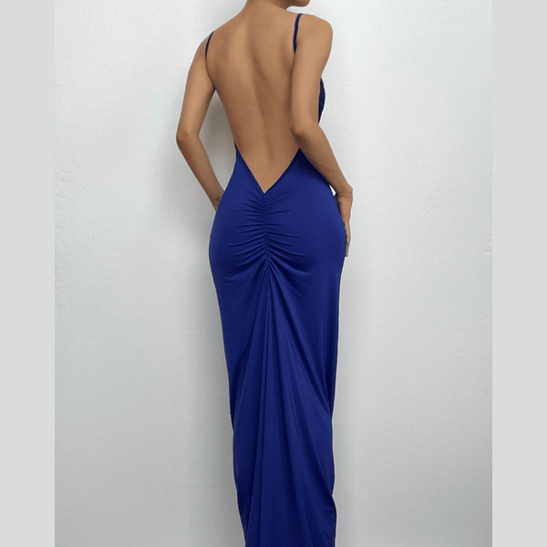 Robe longue froncée à col bénitier et dos nu uni | robe tango rouge