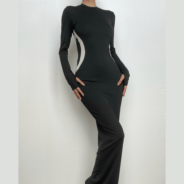 Robe longue à col ras du cou et manches longues contrastées avec gants